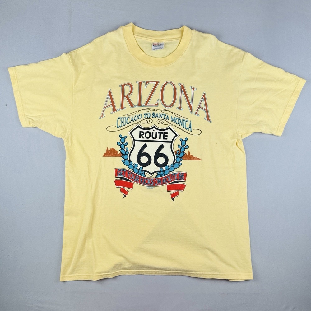Vintage 90s Arizona Route 66 Get Your Kicks Travel T Shirt XL Canary Yellow USA